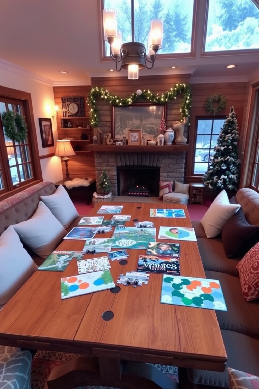 A cozy winter game room featuring vintage skis mounted on the wall as decorative accents. The room is filled with comfortable seating, a rustic wooden coffee table, and warm lighting to create an inviting atmosphere.