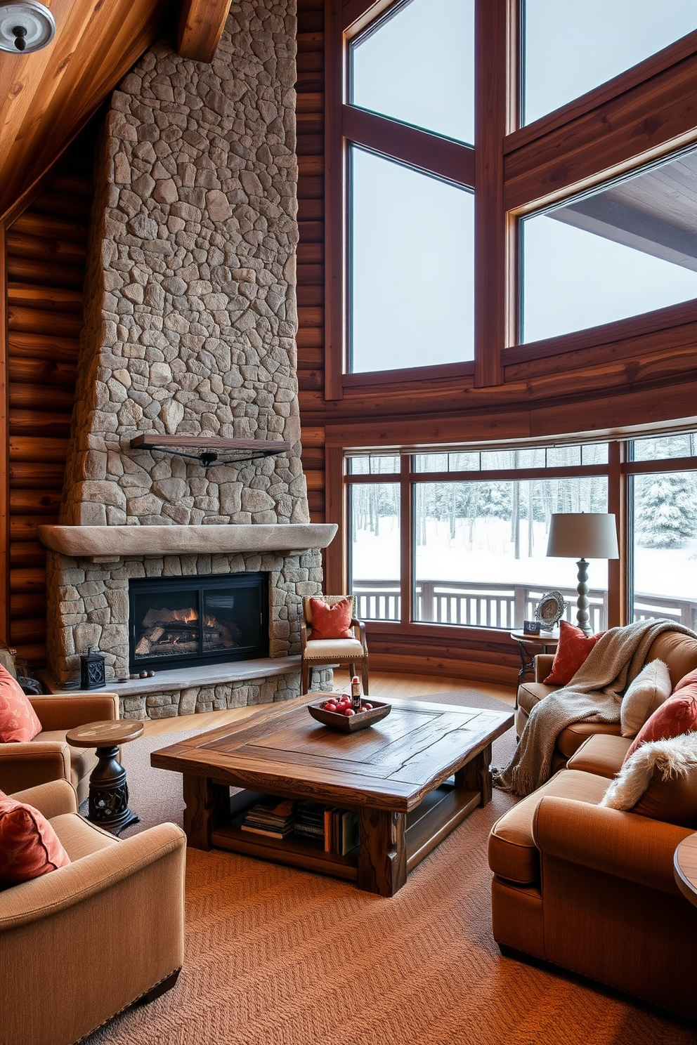 A cozy game room inspired by a winter cabin atmosphere. The walls are lined with rich wooden panels, and a large stone fireplace serves as the focal point. Plush seating in warm tones surrounds a rustic wooden coffee table. Soft throws and pillows add comfort, while large windows offer views of a snowy landscape outside.