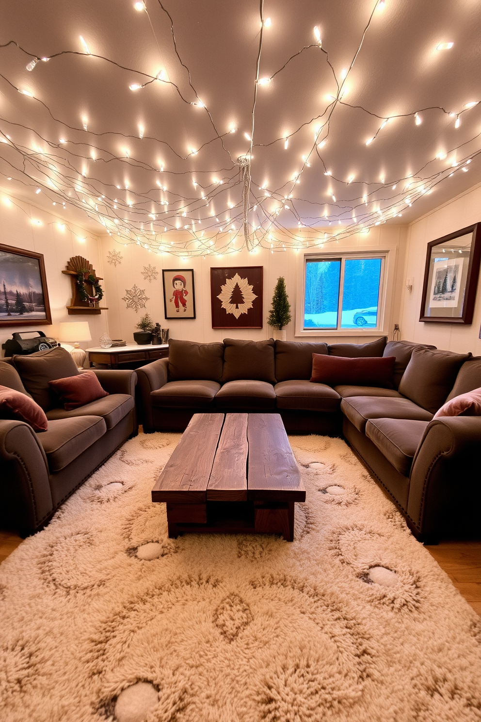 A cozy winter game room filled with warmth and charm. Soft fairy lights are strung across the ceiling, creating a magical ambiance that invites relaxation and fun. A large, plush sectional sofa is positioned around a rustic wooden coffee table. The walls are adorned with winter-themed artwork, and a soft, thick rug lies underfoot, adding comfort to the space.