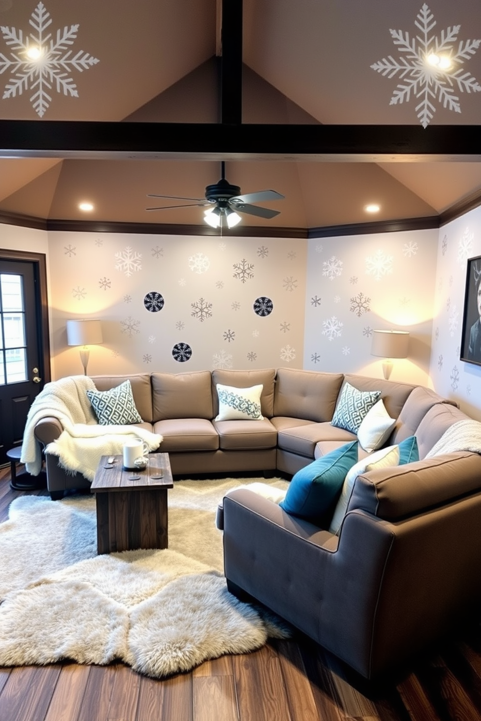 A cozy game room designed for winter gatherings. The walls are adorned with snowflake wall decals, creating a festive atmosphere that complements the warm lighting and comfortable seating. A large sectional sofa is placed in the center, surrounded by a rustic coffee table and plush throw blankets. The decor features winter-themed accents, such as a faux fur rug and decorative pillows in cool blue and white tones.