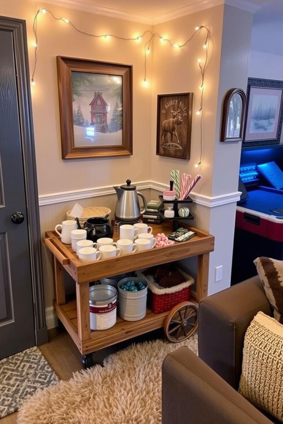 A cozy hot cocoa station in the corner of a winter game room. It features a rustic wooden cart topped with a vintage kettle, assorted mugs, and a variety of toppings like marshmallows and peppermint sticks. The walls are adorned with festive winter-themed artwork and string lights create a warm ambiance. A plush area rug anchors the space, while a comfortable seating arrangement invites family and friends to gather and enjoy the cozy atmosphere.