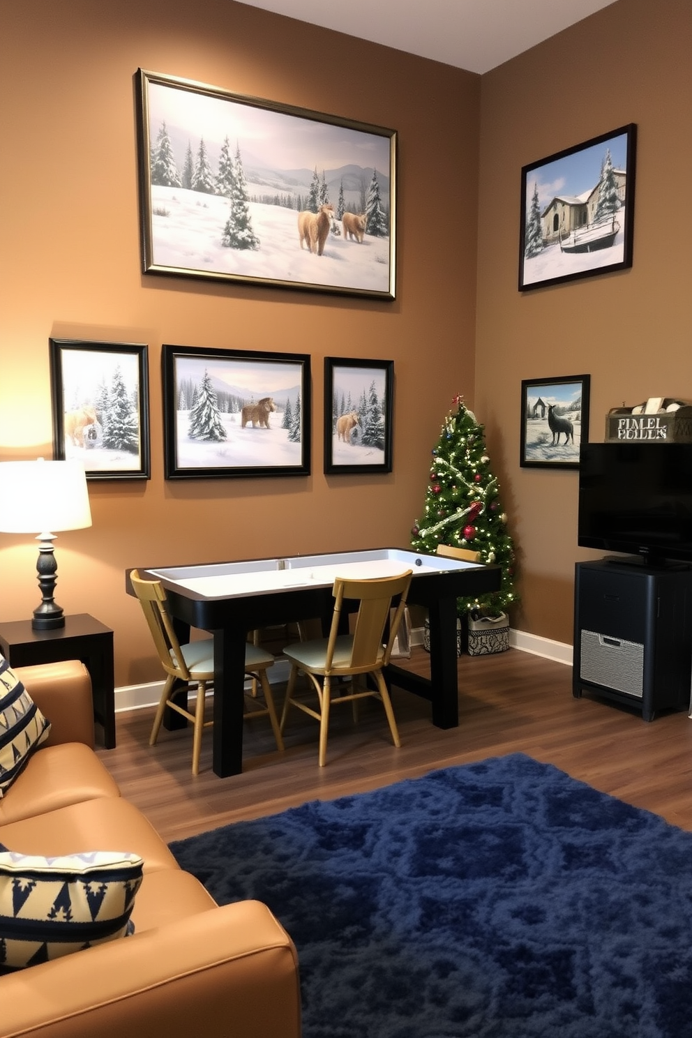 A cozy winter game room is adorned with seasonal artwork featuring snowy landscapes and festive scenes. The walls are painted in a warm taupe, and a plush area rug in deep blue anchors the space, inviting relaxation and fun.