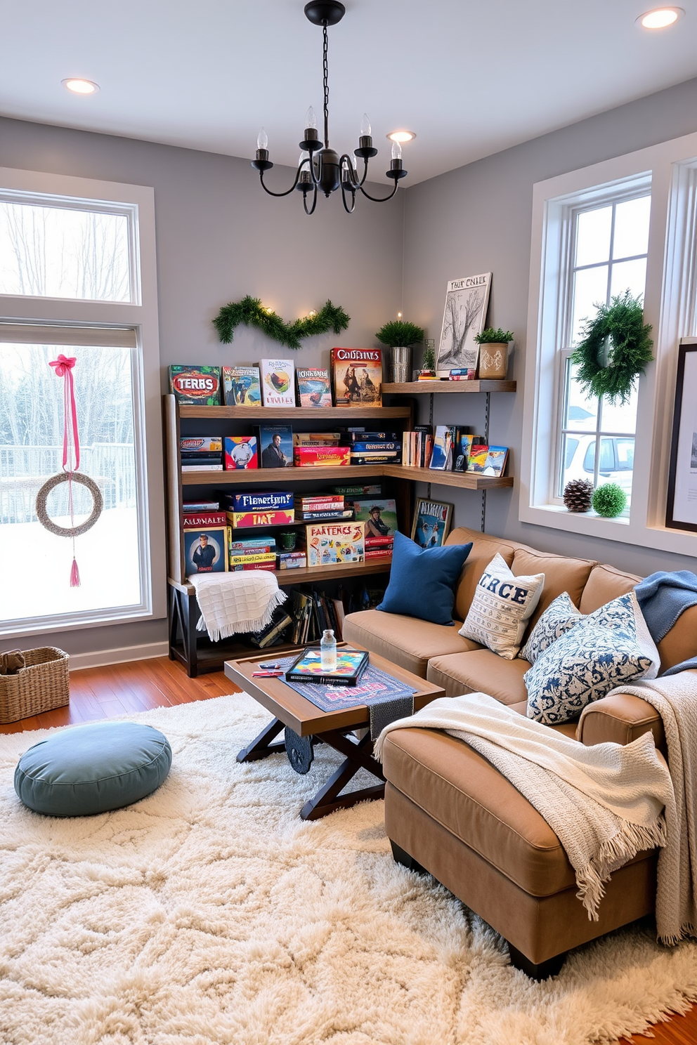 A cozy winter game room featuring a collection of board games displayed on a rustic wooden shelf. The room is adorned with warm lighting, a large plush rug, and winter-themed decorations like pinecones and snowflakes. A comfortable seating area includes a sectional sofa with soft throw blankets and pillows in shades of blue and white. The walls are painted a soft gray, and a large window showcases a snowy landscape outside, enhancing the winter atmosphere.