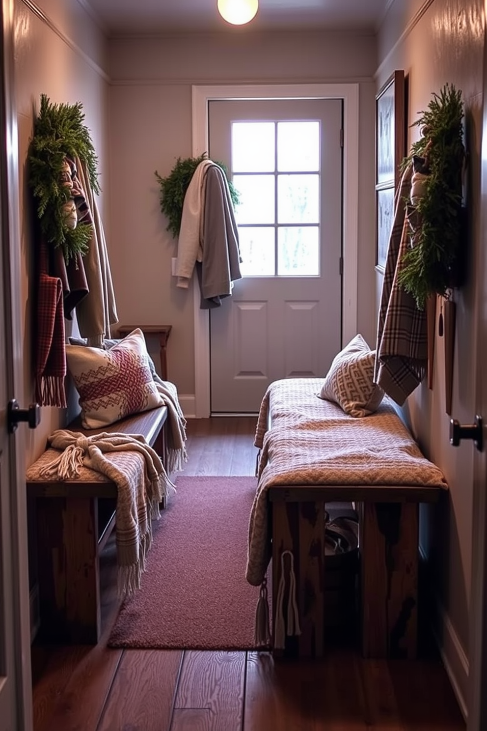 Cozy blankets draped over rustic wooden benches create an inviting atmosphere in a winter hallway. Soft textures and warm colors enhance the seasonal decor, making the space feel both comfortable and stylish.