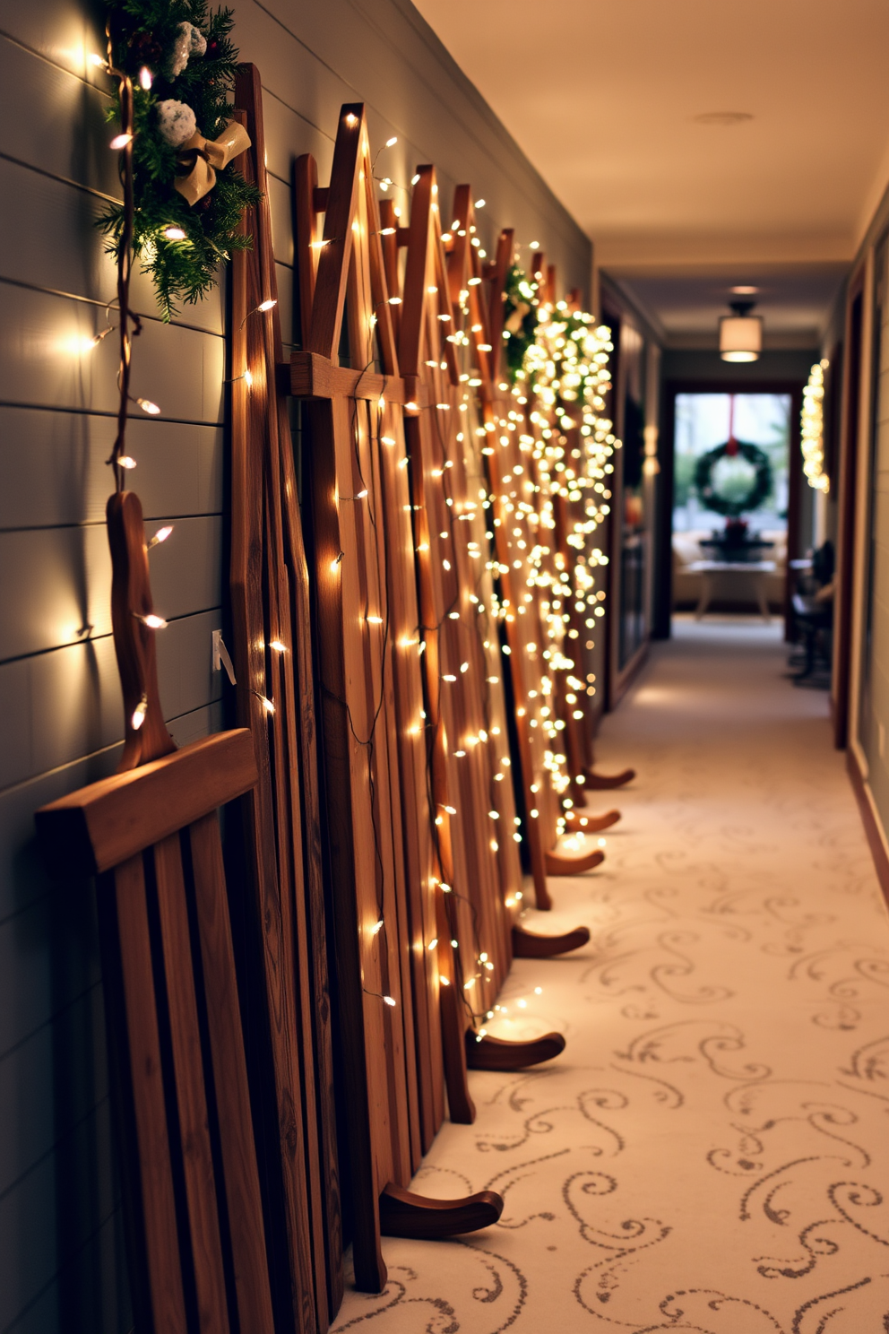 Charming wooden sleds are arranged against the wall in a cozy winter hallway. Soft white fairy lights are draped over the sleds, creating a warm and inviting atmosphere.