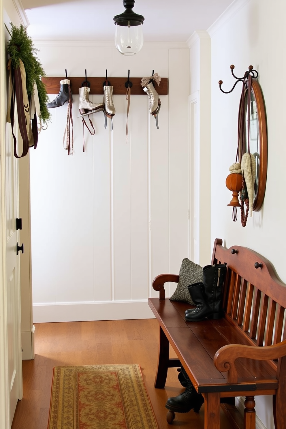 A cozy winter hallway adorned with vintage skates hung on rustic hooks. The walls are painted in a soft cream color, and a warm wooden bench sits against one side, inviting guests to sit and remove their snowy boots.