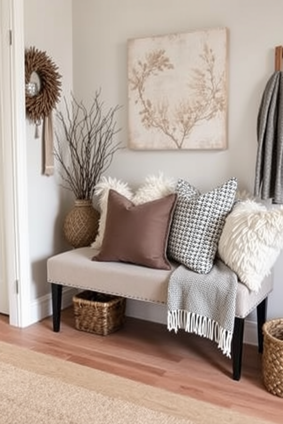 Layered textures create a cozy winter hallway. A variety of pillows and throws in soft fabrics and muted colors are artfully arranged on a stylish bench.