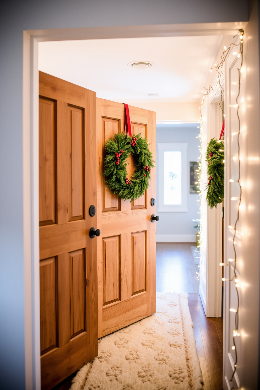 A cozy winter hallway adorned with snowflake cutouts hanging gracefully from the ceiling. The walls are painted in a soft icy blue, complemented by a plush white runner on the floor that invites warmth and comfort.