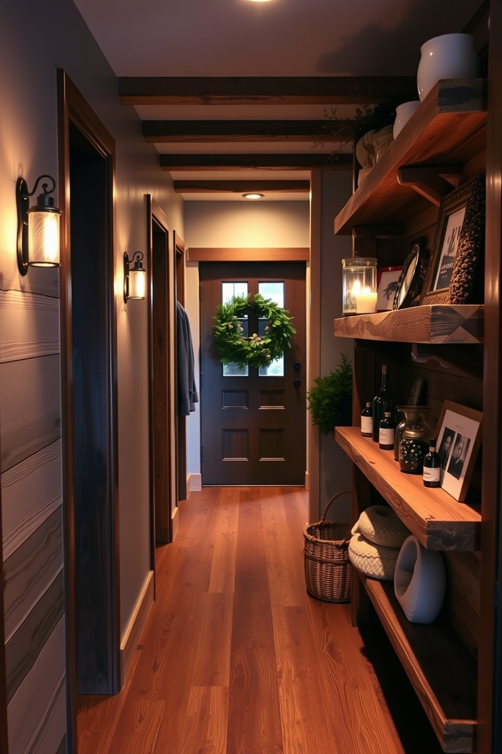 A cozy winter hallway features rustic wooden shelves adorned with carefully curated decor items. Soft, warm lighting highlights the natural textures of the wood and creates an inviting atmosphere.