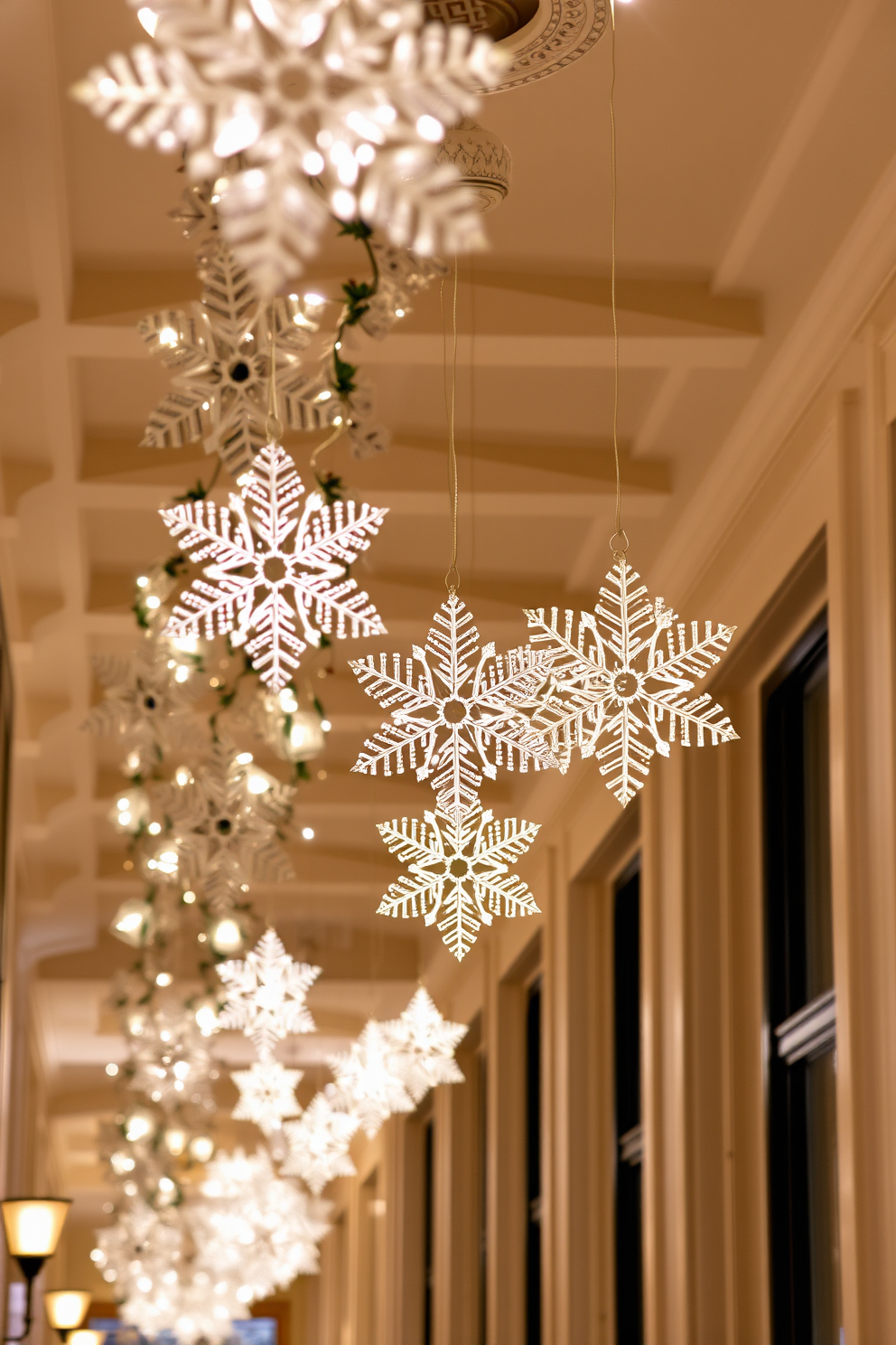 A winter hallway adorned with snowflake ornaments suspended gracefully from the ceiling. Soft white lights twinkle around the ornaments, creating a magical atmosphere that welcomes guests.