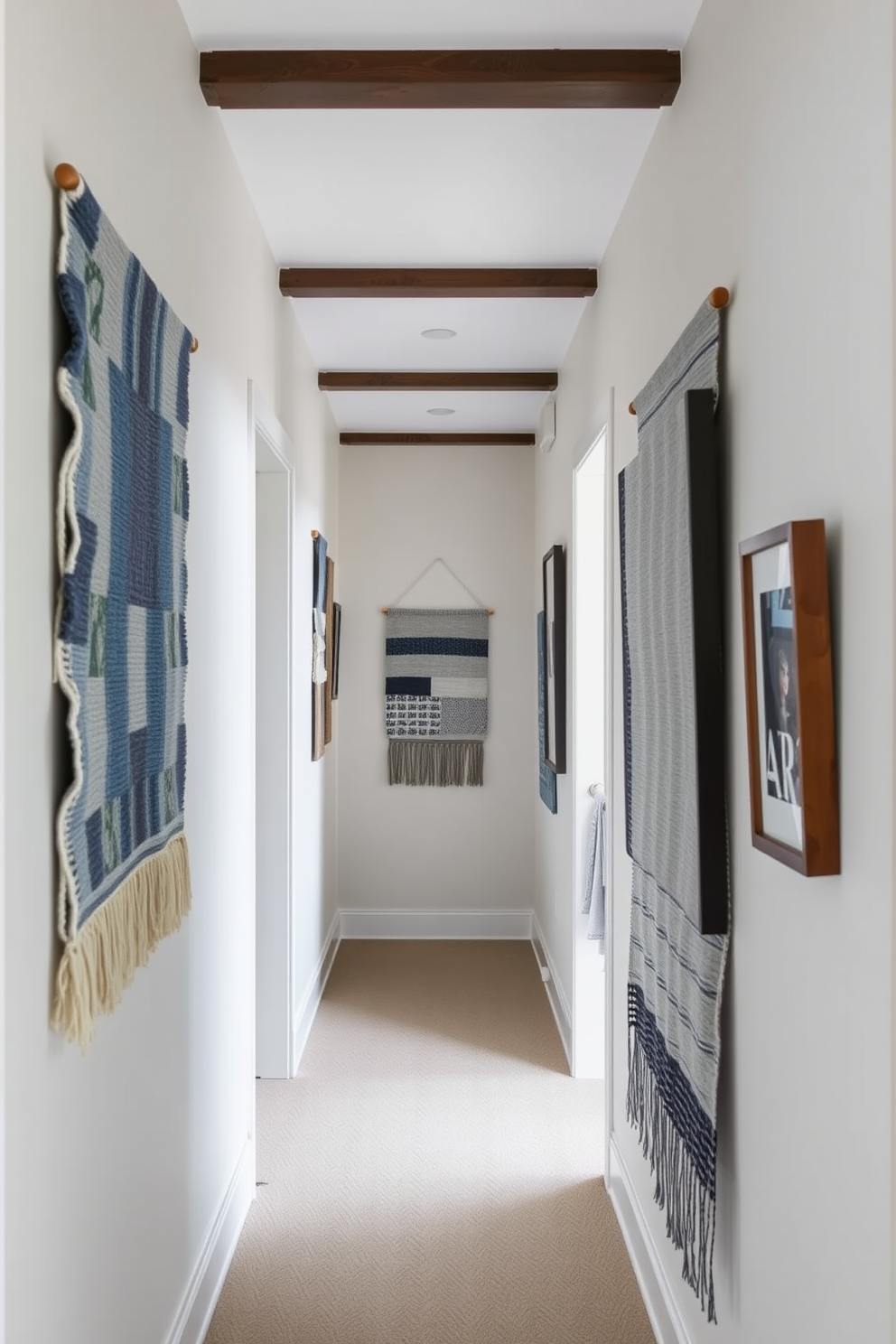 A winter hallway adorned with textured wall hangings that create visual interest. The walls are lined with a mix of woven tapestries and framed fabric art, showcasing a palette of cool blues and soft grays.