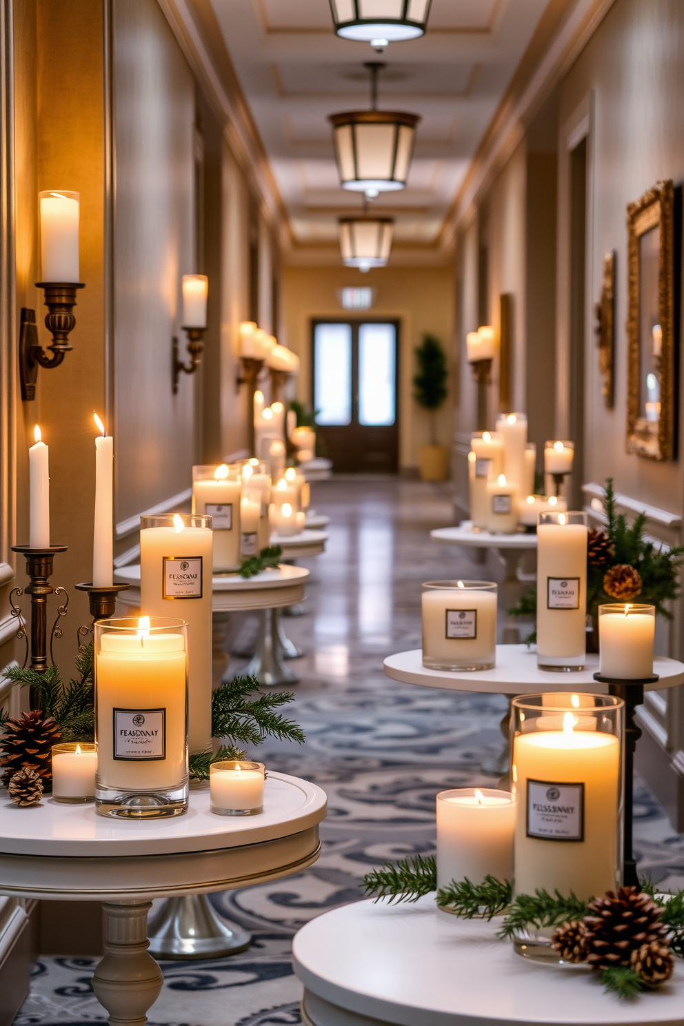 Seasonal scented candles in various sizes are artfully arranged on elegant tables throughout the hallway. The warm glow of the candles illuminates the space, creating a cozy atmosphere enhanced by winter-themed decorations such as pinecones and evergreen branches.