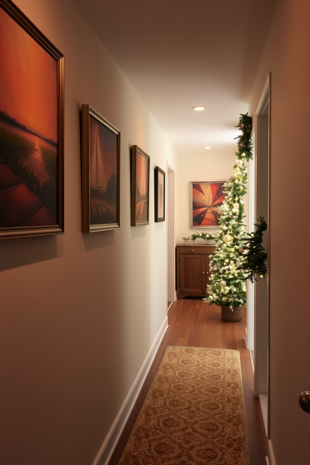 Warm-toned artwork adorns the walls of a cozy hallway, creating an inviting atmosphere. Soft lighting highlights the rich hues of the paintings, enhancing the warmth of the space. The hallway features a tasteful arrangement of winter-themed decorations, including garlands and subtle fairy lights. A plush runner rug adds comfort underfoot, complementing the seasonal decor.