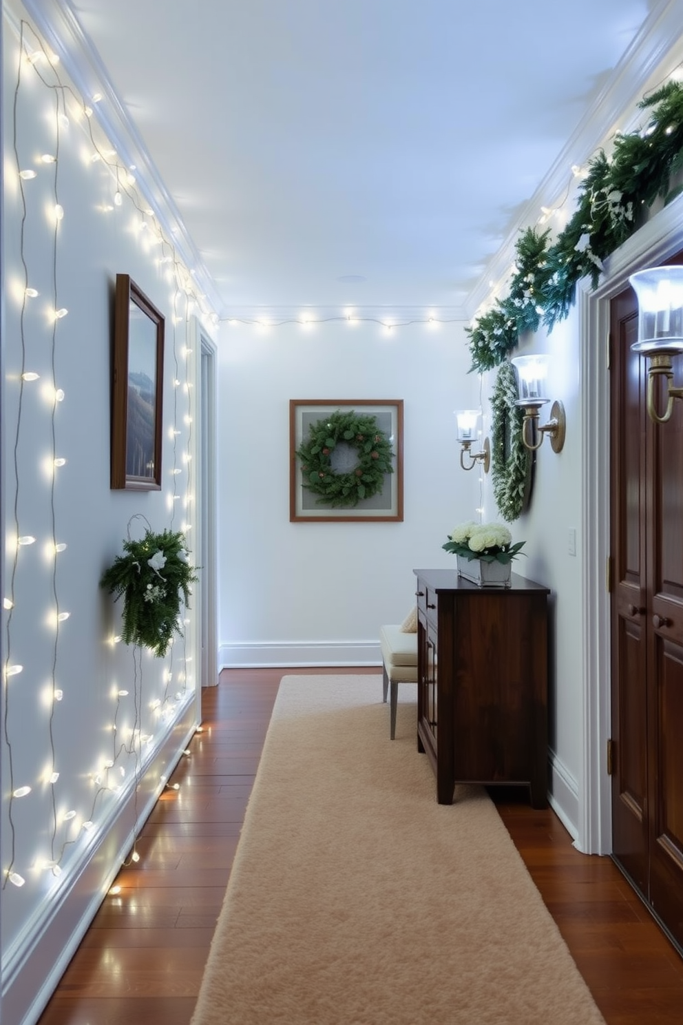 A cozy winter hallway is adorned with warm white lights that softly illuminate the space. The walls are decorated with seasonal artwork and garlands, creating a welcoming atmosphere. A plush runner rug in neutral tones lines the floor, adding comfort underfoot. Elegant sconces complement the lighting, enhancing the hallway's charm and inviting guests to linger.