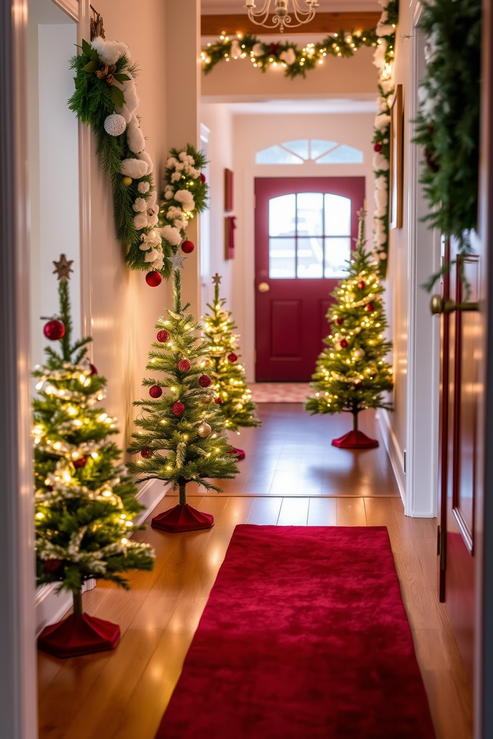 Miniature Christmas trees are placed in each corner of a cozy winter hallway. The trees are adorned with twinkling fairy lights and delicate ornaments, creating a warm and festive atmosphere. Soft white garlands drape along the banister, complemented by seasonal greenery and pinecones. A plush runner in deep red adds a touch of elegance to the wooden floor, inviting guests into the holiday spirit.