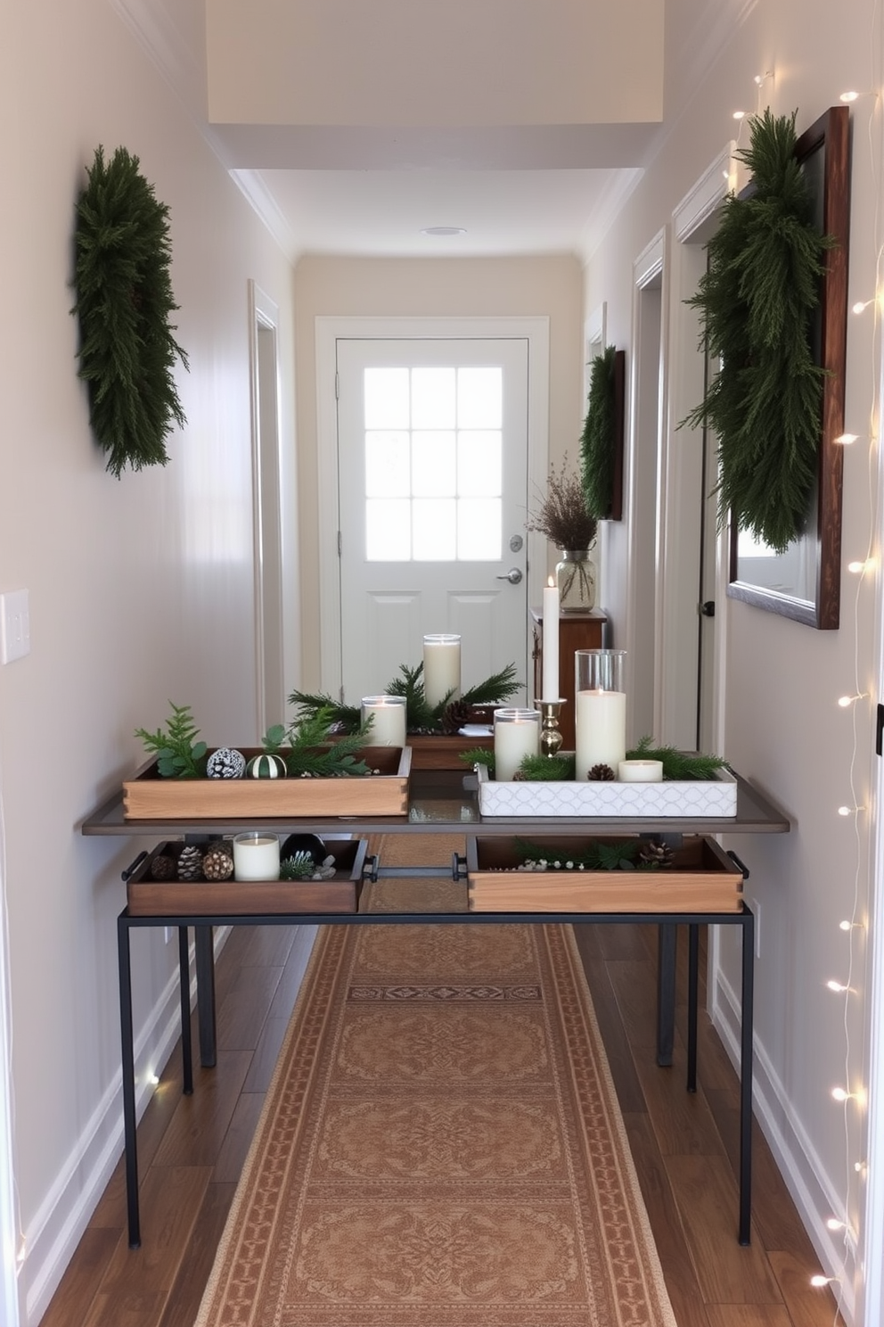 A collection of decorative trays arranged on a console table in a hallway. Each tray features winter elements such as pinecones, evergreen branches, and white candles, creating a cozy seasonal display. The hallway is adorned with soft, neutral-toned walls and a runner rug that adds warmth. Subtle twinkling fairy lights are draped along the edges, enhancing the inviting atmosphere of the space.