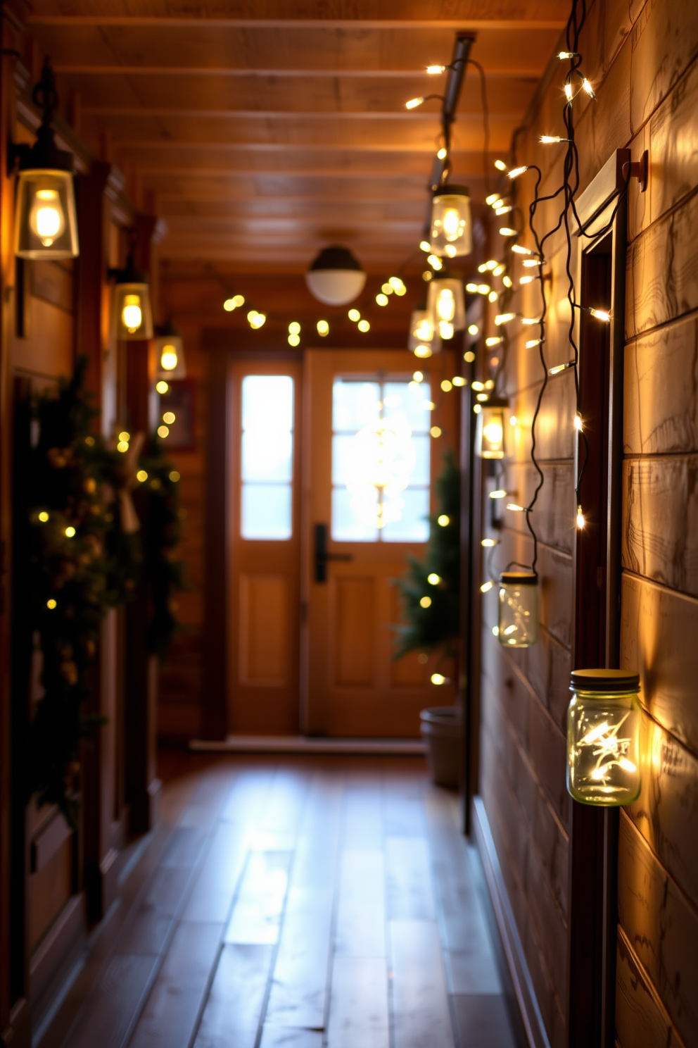 A cozy winter hallway featuring seasonal fragrance diffusers that fill the air with warm scents. The walls are adorned with soft, textured wallpaper in a neutral tone, and a plush runner rug adds comfort underfoot.