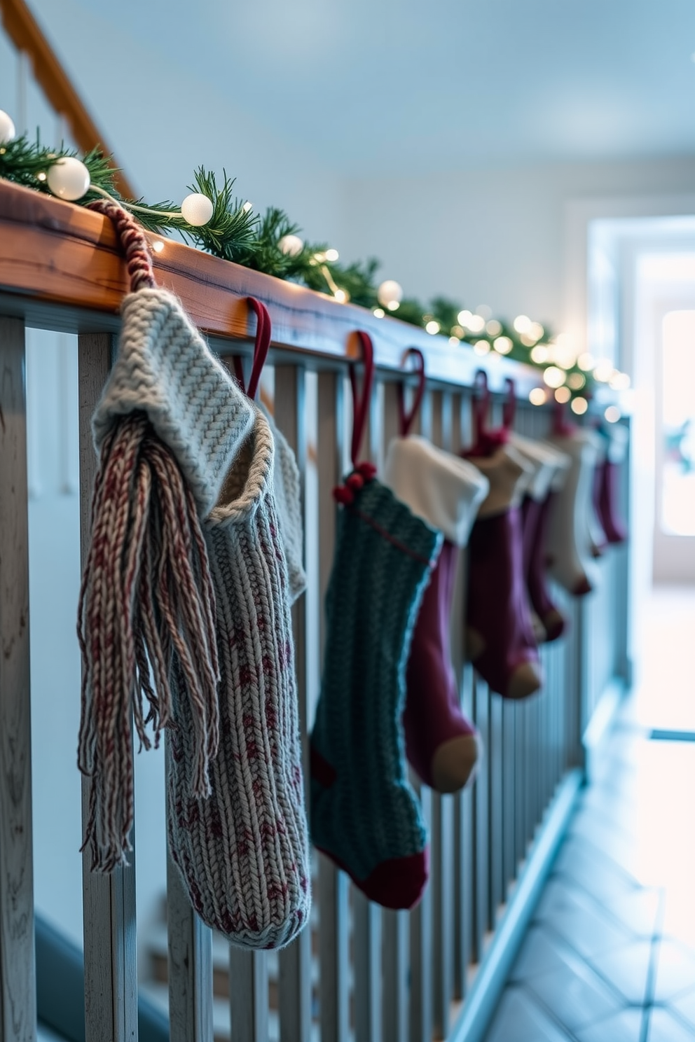 Knitted stockings are hung on a rustic wooden railing, adding a cozy touch to the winter hallway. Soft white lights twinkle above, illuminating the space with a warm glow and enhancing the festive atmosphere.