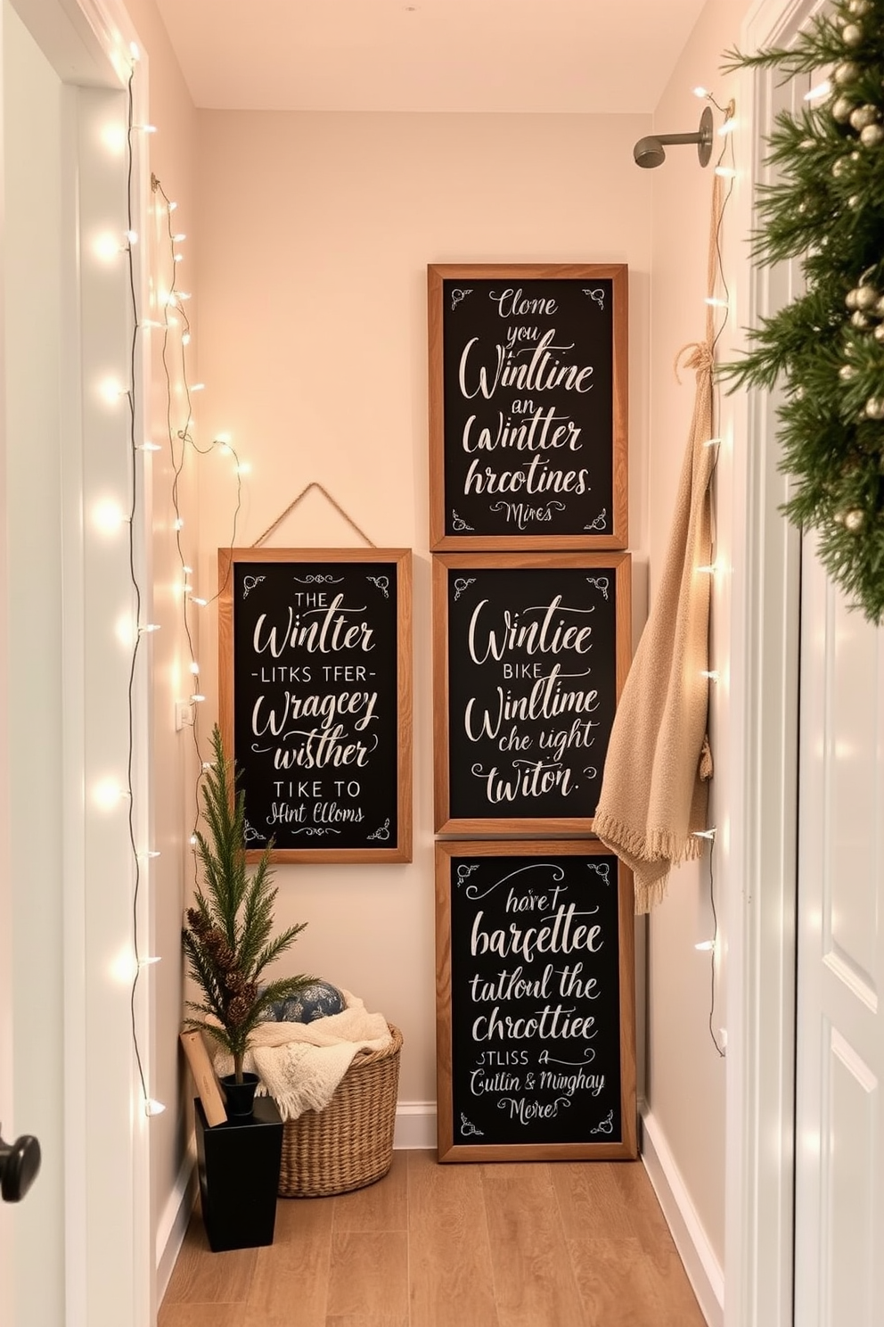 Chalkboard signs with winter quotes are creatively arranged along a cozy hallway. Each sign features elegant lettering and seasonal designs, bringing warmth and inspiration to the space. Winter hallway decorating ideas include soft, layered textiles and twinkling fairy lights. A mix of natural elements like pinecones and evergreen branches enhances the inviting atmosphere.