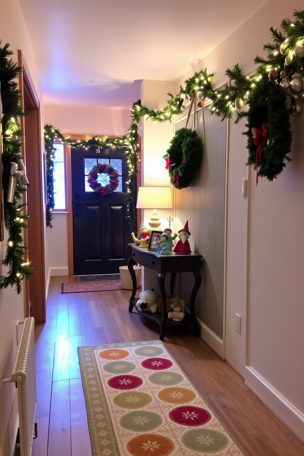 Whimsical figurines are playfully arranged on a console table in the hallway, adding a touch of charm and personality to the space. Soft lighting from a nearby lamp highlights the vibrant colors and unique designs of the figurines, creating an inviting atmosphere. Winter decorations adorn the hallway with garlands of pine and twinkling fairy lights draped along the walls. A cozy runner rug in festive colors adds warmth underfoot, while a seasonal wreath hangs on the door, welcoming guests with holiday cheer.