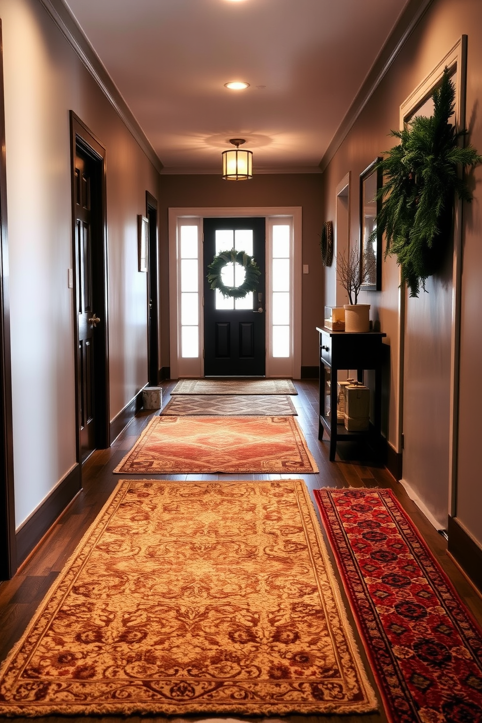 A cozy winter hallway adorned with layered area rugs that create a warm and inviting atmosphere. The rugs feature a mix of textures and patterns, adding depth and comfort to the space. Soft, ambient lighting illuminates the hallway, highlighting the rich colors of the rugs. Seasonal decorations, such as pinecones and evergreen branches, are tastefully arranged along the walls for a festive touch.