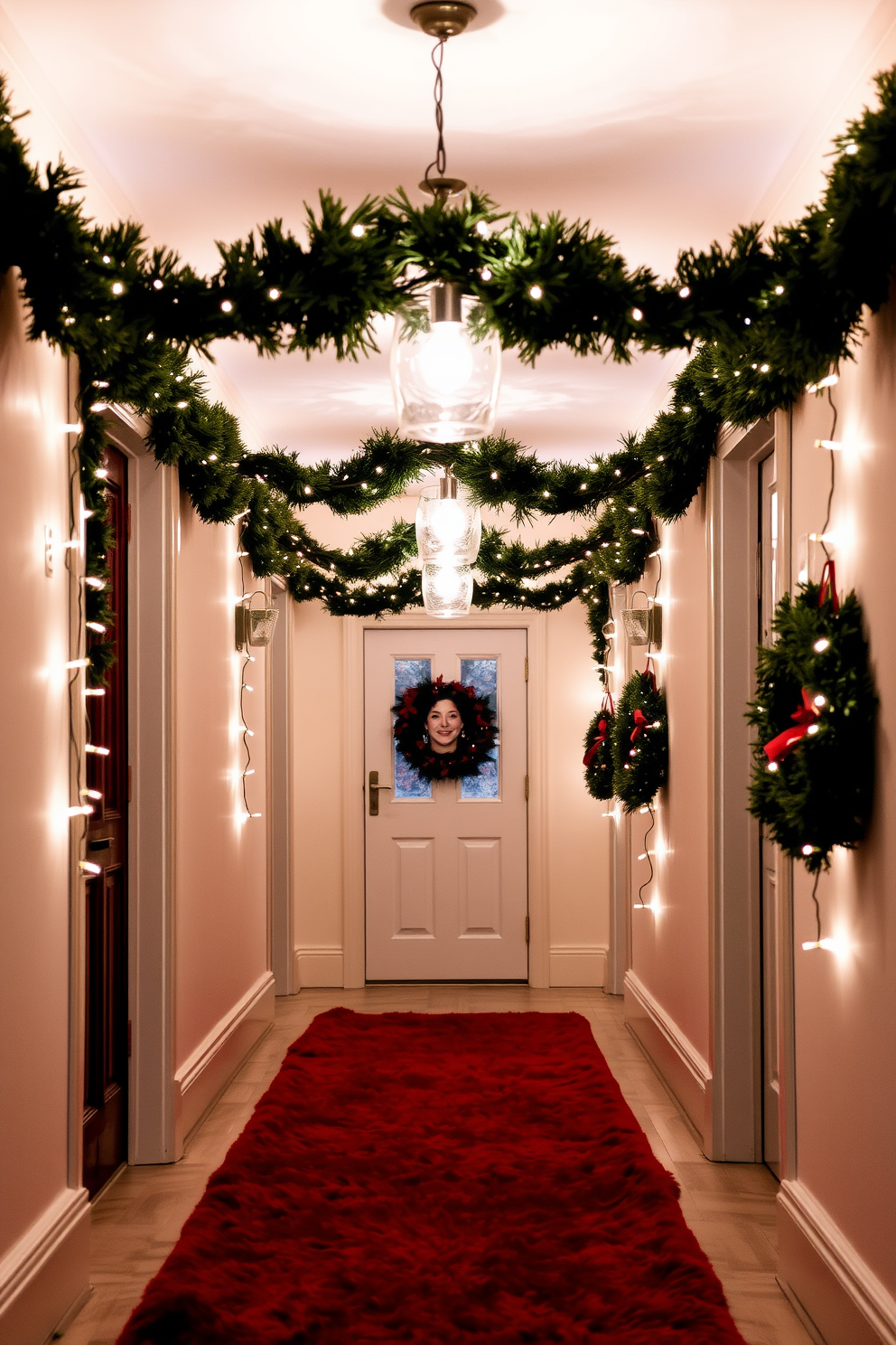 A cozy winter hallway adorned with hanging fairy lights creates a magical ambiance. The walls are painted in a soft white hue, and a plush runner in deep red lines the floor.