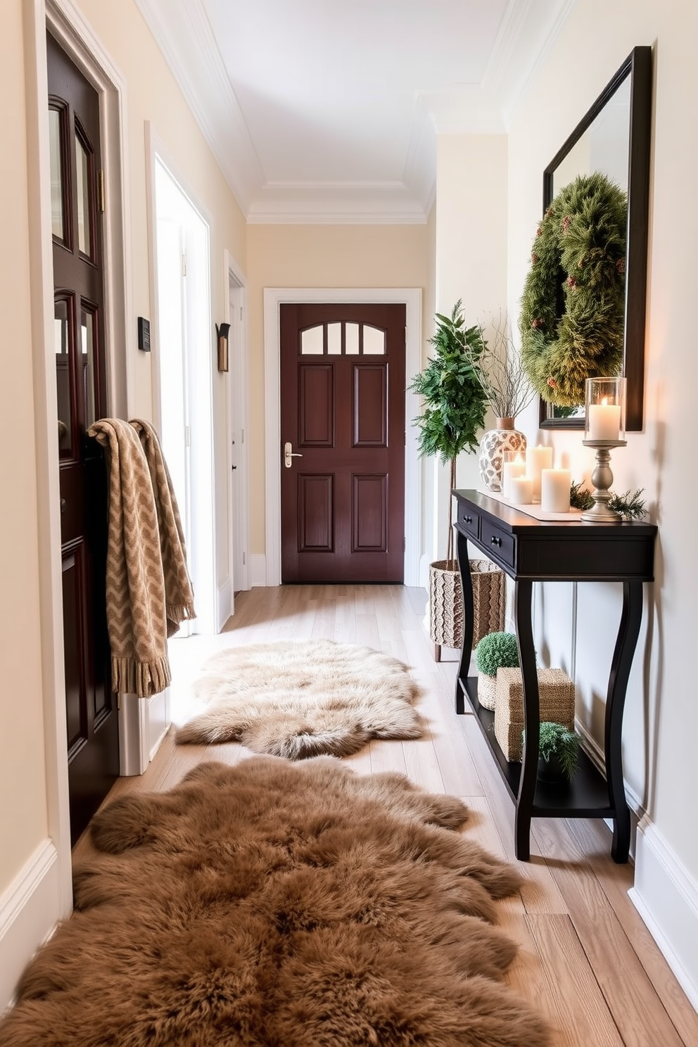 A cozy winter hallway adorned with faux fur rugs that invite warmth and comfort. The walls are painted in a soft cream color, and a stylish console table is placed against one side, decorated with seasonal decor and a few candles.