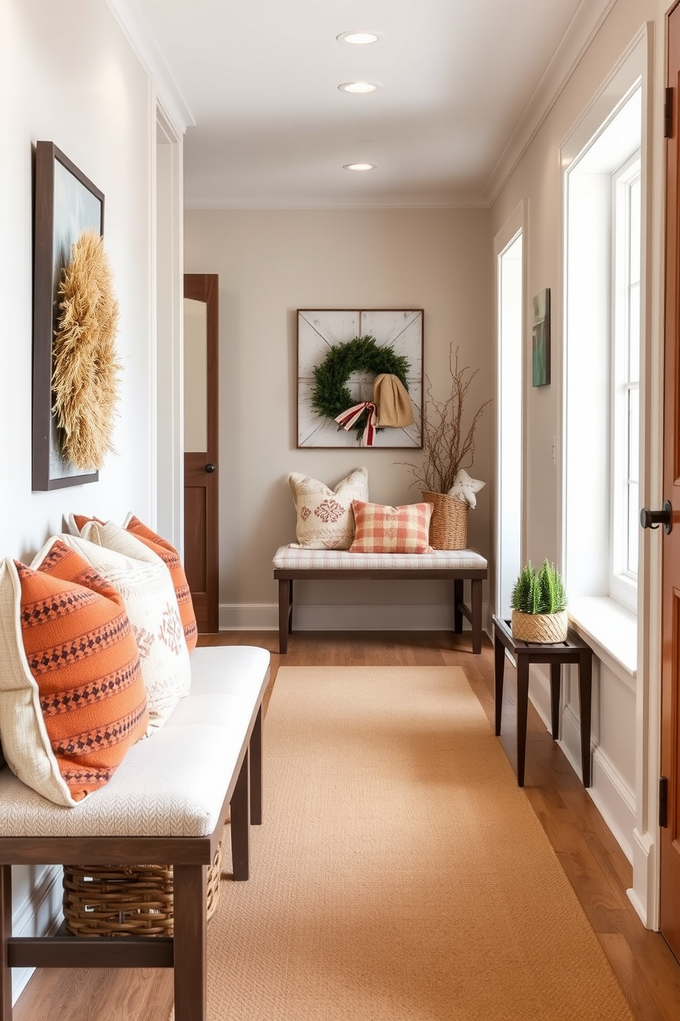 A warm and inviting hallway adorned with personalized family photo displays in elegant frames. The walls are painted in a soft beige, creating a cozy atmosphere that highlights the cherished memories captured in the photos. Seasonal winter decorations, including garlands and twinkling fairy lights, are draped along the hallway. A plush runner rug in shades of white and gray adds texture and warmth to the space, inviting guests to feel at home.