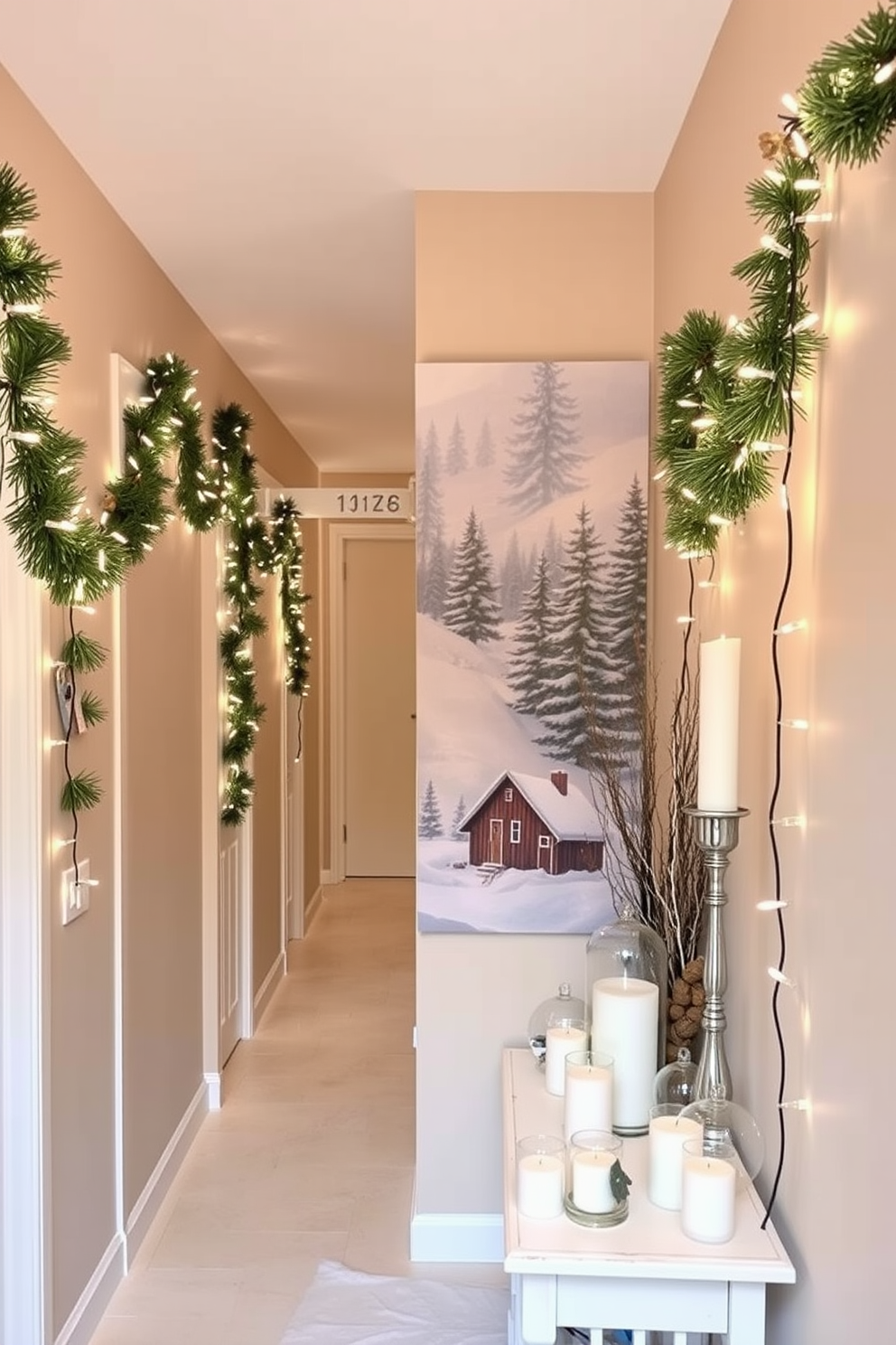 A cozy hallway adorned with seasonal artwork showcasing serene winter landscapes. The walls are painted in a soft white, allowing the vibrant colors of the artwork to stand out beautifully. Decorative elements include a plush runner rug in deep blue and a small wooden bench for seating. Flanking the hallway are potted evergreen plants, adding a touch of nature to the winter theme.