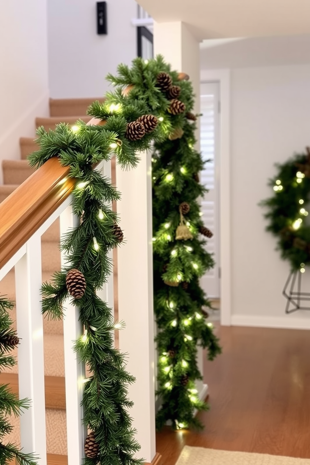 A cozy winter hallway adorned with red and white decorations. The walls are draped with garlands of red berries and white lights, creating a warm and inviting atmosphere. A festive red and white runner covers the wooden floor, leading to a beautifully decorated entryway. Vintage-style red and white ornaments hang from the ceiling, adding a charming touch to the space.