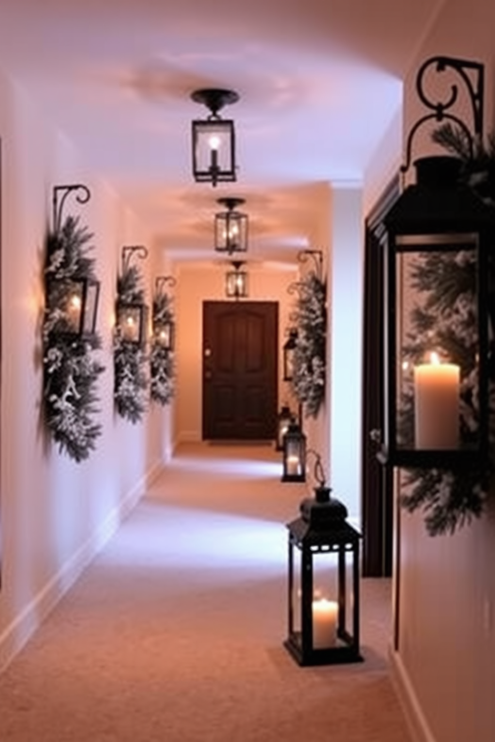 A cozy winter hallway adorned with decorative lanterns that cast a warm glow. The lanterns, filled with flickering candles, are strategically placed along the walls, creating an inviting atmosphere.