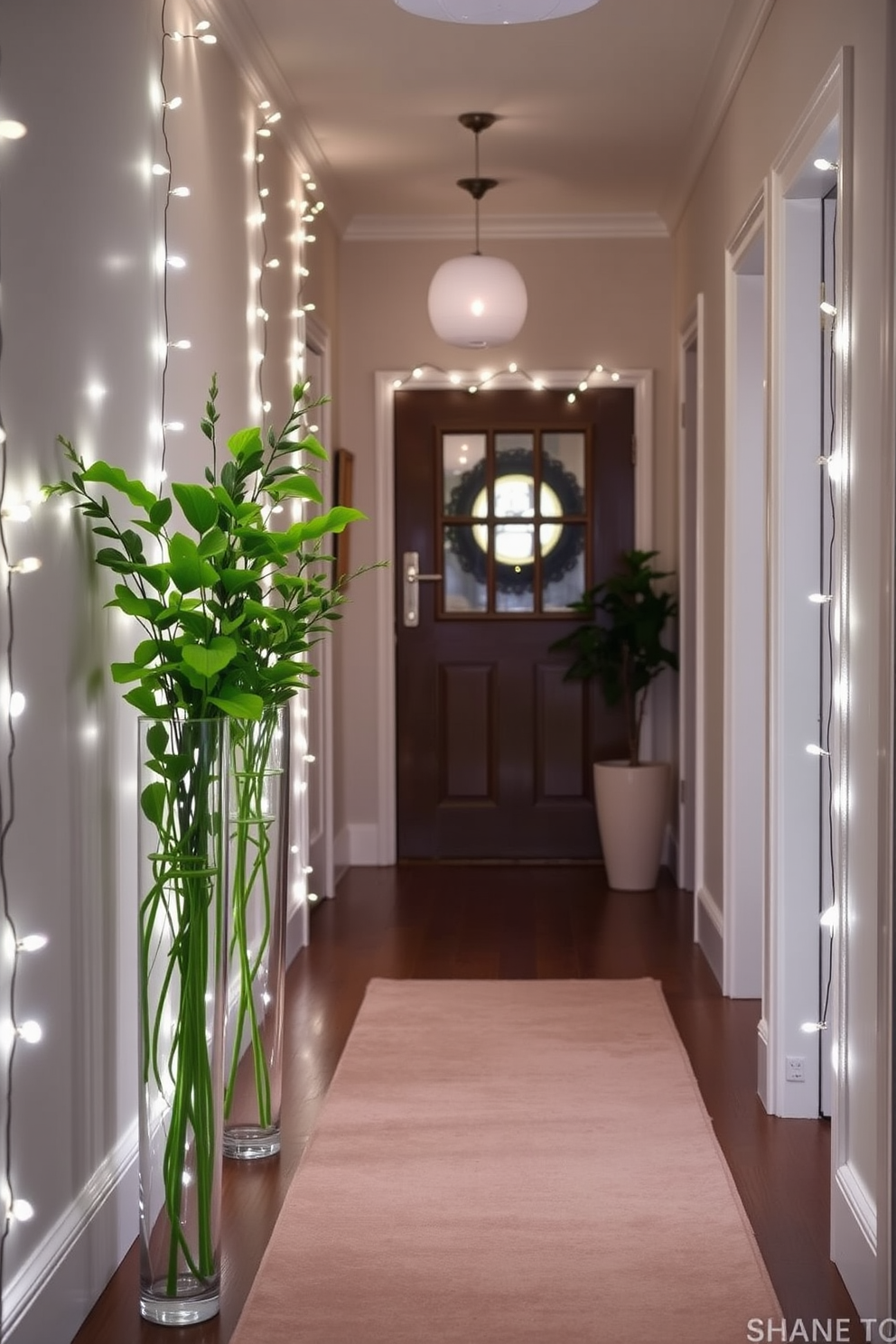 Fresh greenery in stylish vases. The hallway is adorned with elegant vases filled with vibrant green plants, creating a refreshing atmosphere. Winter hallway decorating ideas. Soft white lights are draped along the walls, and a cozy runner rug in muted tones adds warmth to the space.