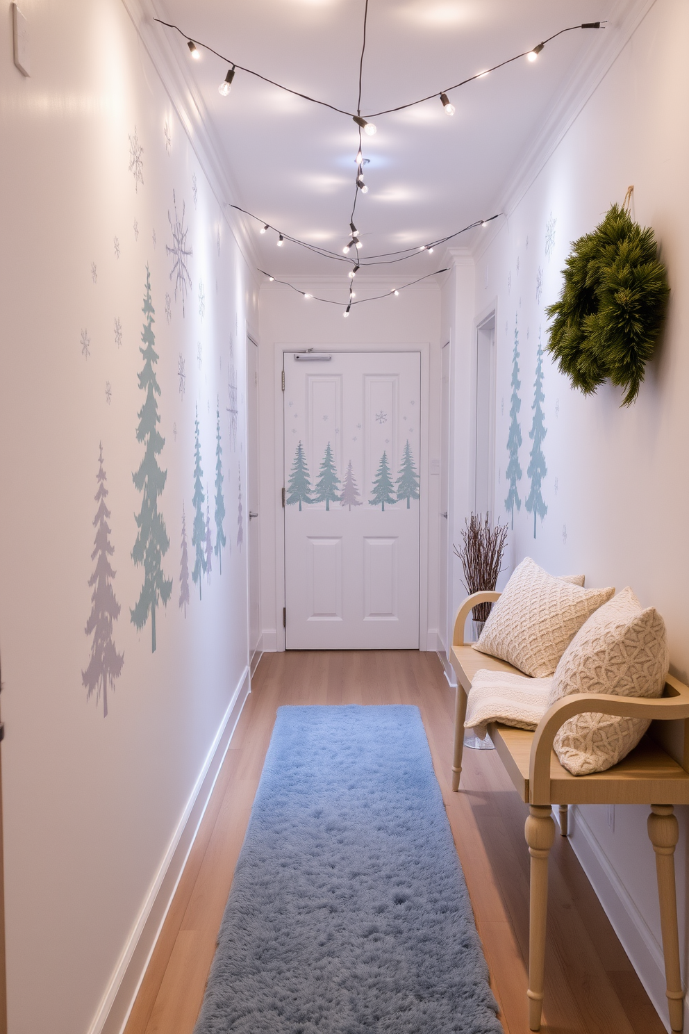 A cozy winter hallway adorned with hanging stockings creates a festive atmosphere. The walls are draped with evergreen garlands, and twinkling fairy lights add a warm glow to the space.