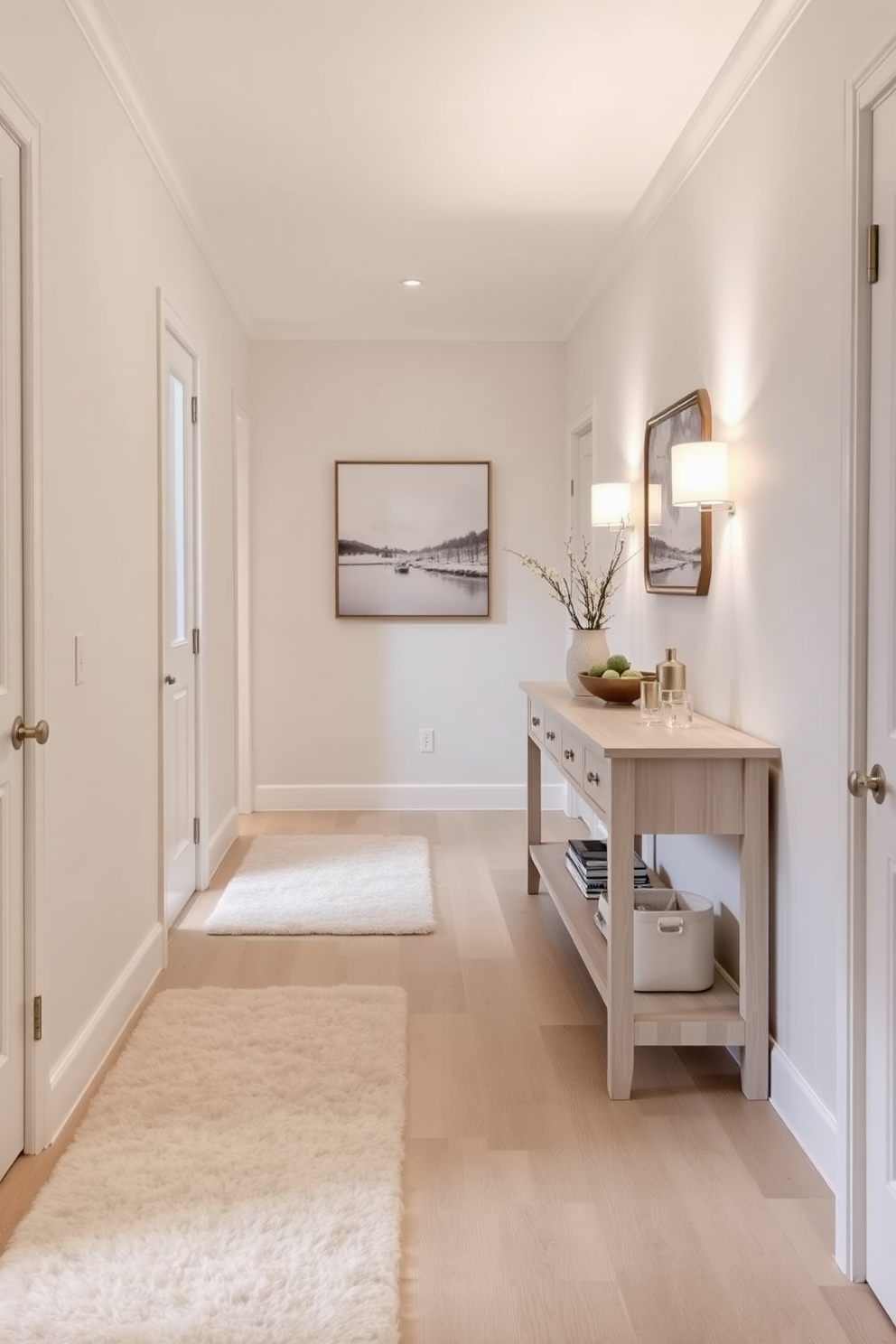 A serene winter hallway adorned with soft neutral tones on the walls creates a calming atmosphere. Plush area rugs in light beige and soft gray guide the way, while framed artwork with subtle winter landscapes adds a touch of elegance. A console table in a light wood finish stands against one wall, topped with a decorative bowl and a few seasonal accents. Soft lighting from stylish sconces casts a warm glow, enhancing the inviting feel of the space.