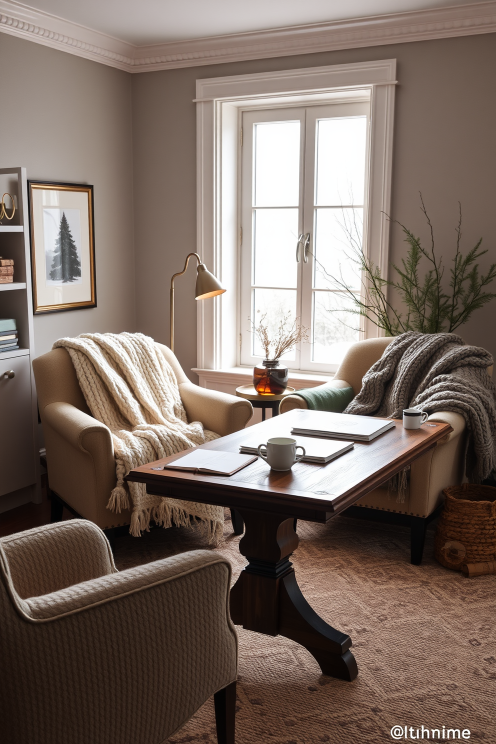 Cozy knit blankets draped over stylish office chairs create a warm and inviting atmosphere. The room features large windows with soft natural light, complemented by a neutral color palette and wooden accents.