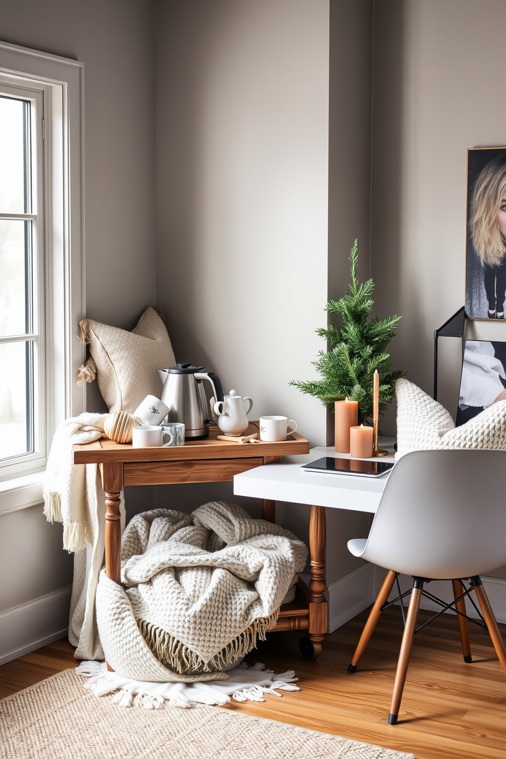 A cozy winter home office setting. The room features a large wooden desk with a sleek metallic lamp and a comfortable ergonomic chair. The walls are adorned with soft gray paint, and a plush area rug in neutral tones lies underfoot. Shelves filled with books and decorative items add a personal touch, while a stylish metallic clock hangs above the desk.