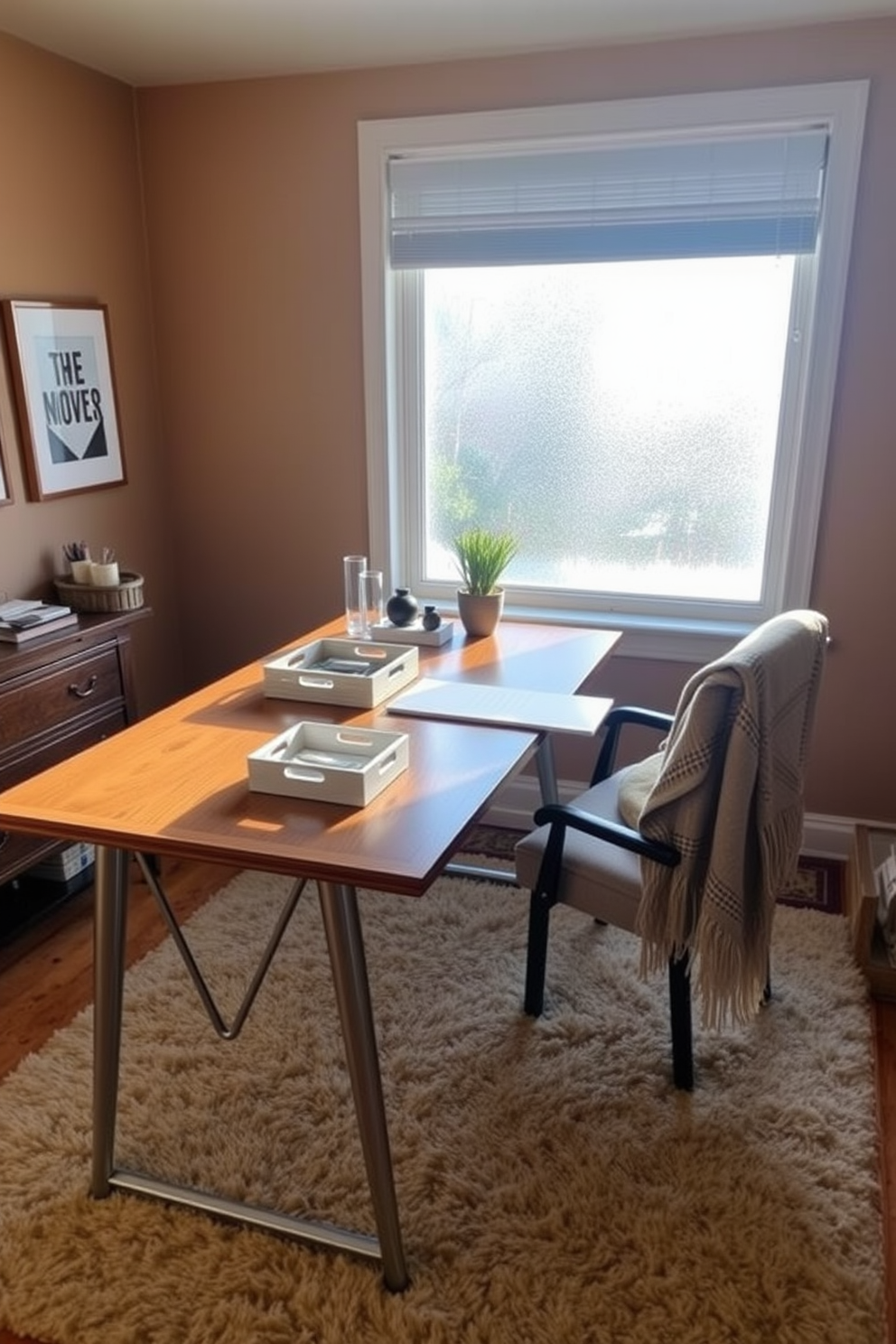 A cozy winter home office setting. The walls are painted in a soft gray, adorned with personalized photo frames showcasing winter memories. A rustic wooden desk sits against the wall, complemented by a plush armchair in a warm cream color. A small bookshelf filled with winter-themed decor and books adds a personal touch to the space.