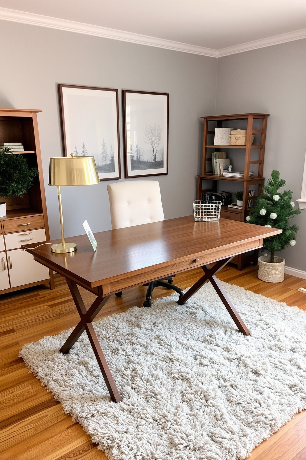 A cozy winter home office setting featuring desk organizers crafted from warm wood finishes. The desk is neatly arranged with various organizers that hold stationery, notebooks, and personal items, creating an inviting and functional workspace.