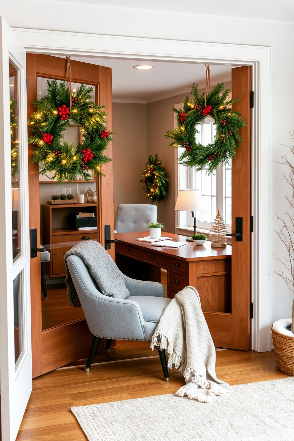 A cozy winter home office setting designed for productivity and comfort. The space features a large wooden desk positioned near a window, with a warm throw blanket draped over an ergonomic chair. The walls are painted in a soft gray hue, creating a calming atmosphere. A stylish bookshelf filled with books and decorative items adds personality to the room.