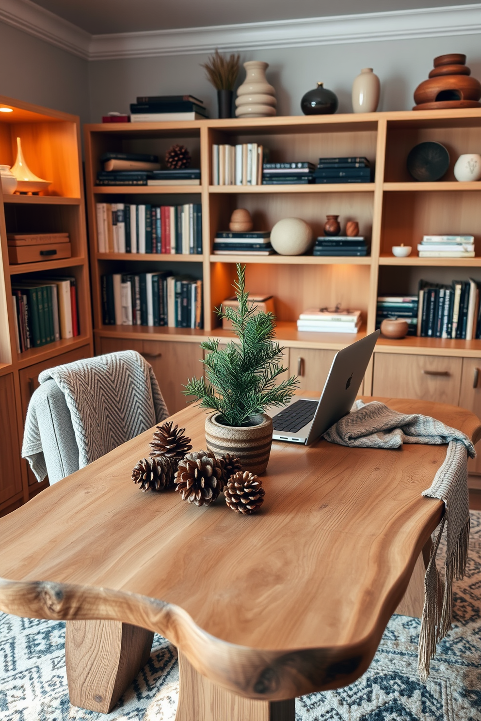 A cozy winter home office setting. The walls are painted in a soft gray hue, and a large window allows natural light to flood the space. A wooden desk with a sleek design is positioned near the window, adorned with a stylish laptop and a few decorative books. A plush armchair in a warm fabric sits invitingly in the corner, accompanied by a small side table. Hang fairy lights across the ceiling for a magical touch, creating a warm and inviting atmosphere. A soft area rug in neutral tones adds comfort underfoot, completing the serene winter retreat.