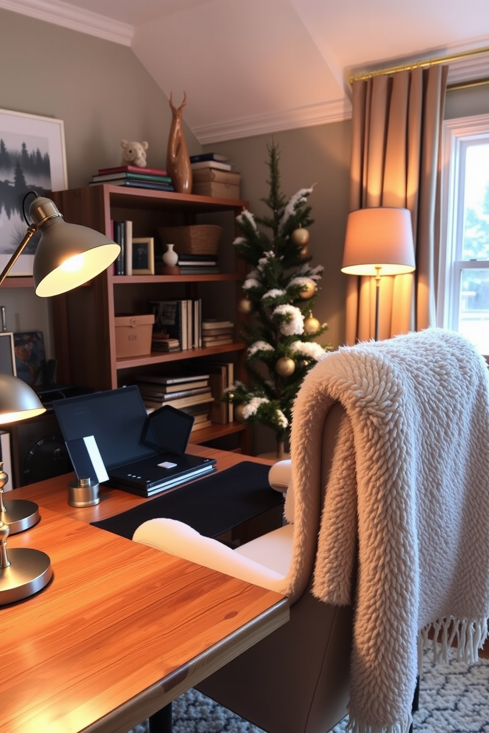 A cozy winter home office setting bathed in warm ambient lighting. Soft lamps are strategically placed on the desk and shelves, creating a welcoming atmosphere for productivity. The walls are adorned with rich, earthy tones and a large window allows natural light to filter in. A plush area rug covers the floor, while a stylish desk is paired with a comfortable chair for an inviting workspace.