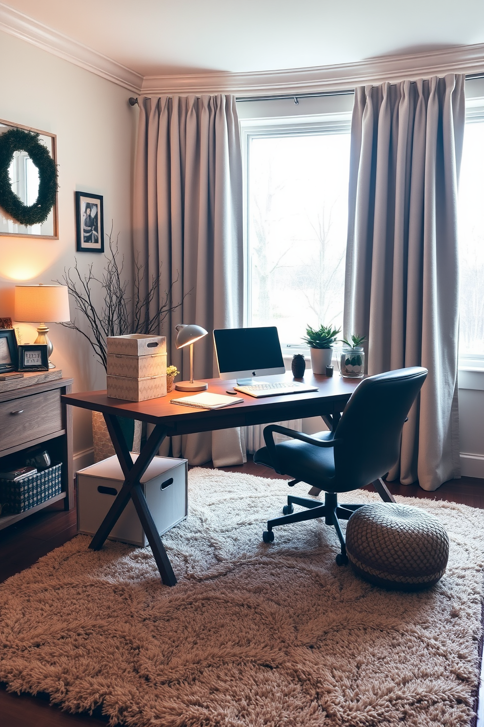 A cozy winter home office setting. The room features a large wooden desk with a warm finish, complemented by a comfortable ergonomic chair and a soft throw blanket draped over the back. On the wall above the desk, a bulletin board is filled with inspirational quotes and images, surrounded by twinkling fairy lights for a touch of warmth. The windows are adorned with thick, plush curtains in a rich, deep color, allowing soft natural light to filter in.