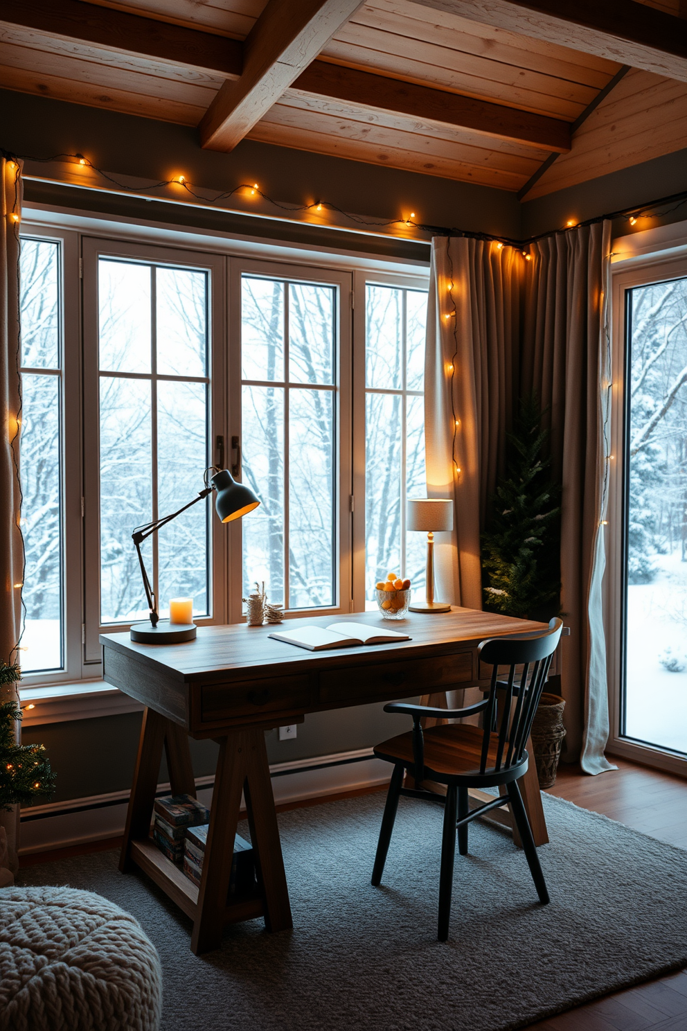 A cozy winter home office setting featuring a stylish desk lamp that provides warm task lighting. The desk is adorned with a plush throw blanket draped over the chair, and a small potted plant adds a touch of greenery to the space.