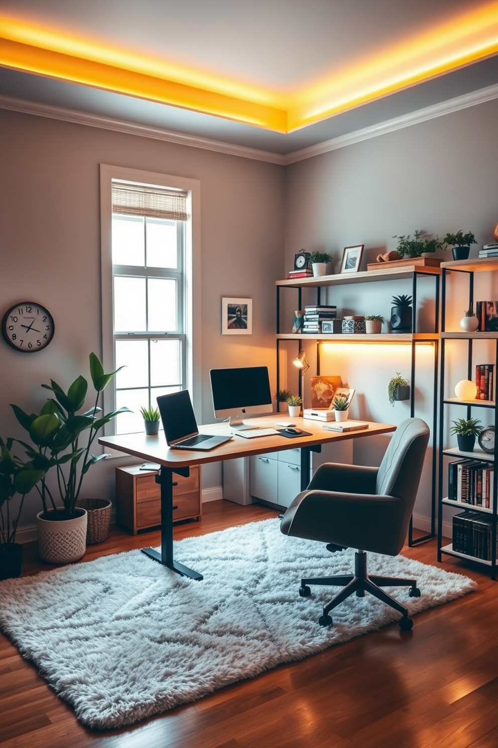 A cozy winter home office setting filled with seasonal scented candles that create a warm ambiance. The desk is adorned with a stylish candle arrangement in various sizes, complemented by a plush throw blanket draped over the chair.