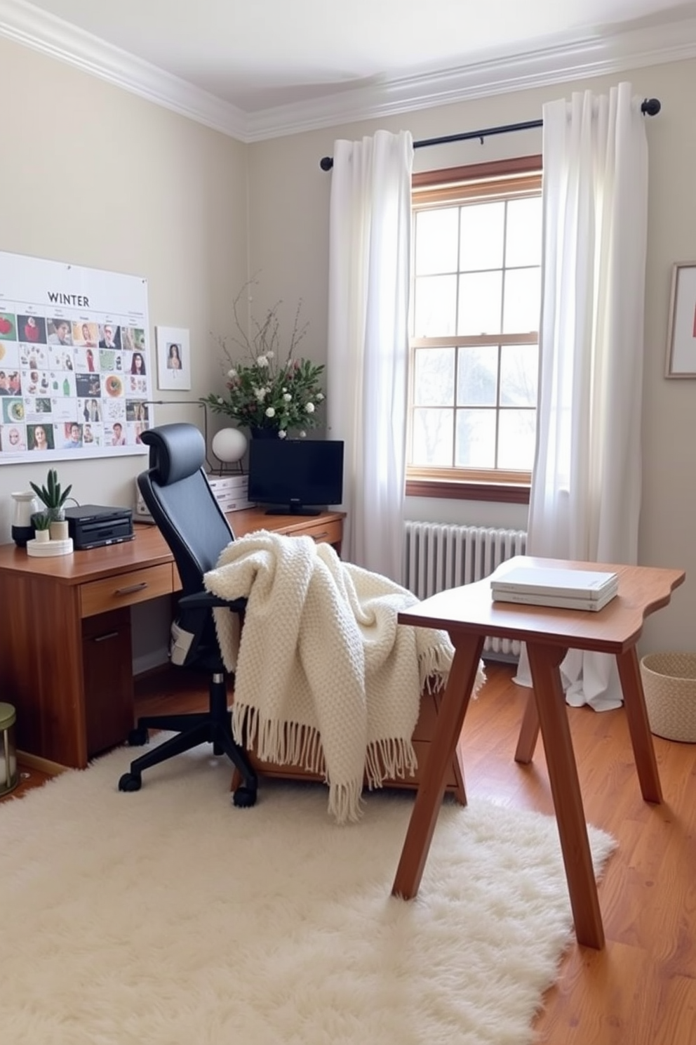 A cozy winter home office featuring warm wood tones in the furniture. A large wooden desk with a rich finish is paired with a comfortable upholstered chair, creating an inviting workspace.