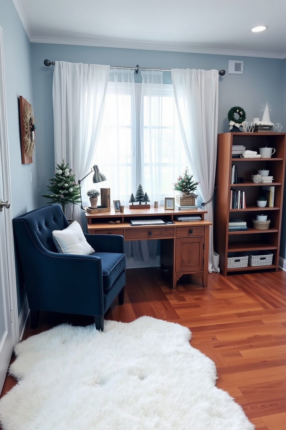 Create a warm and inviting winter home office that incorporates natural materials for a cozy vibe. The room features a wooden desk with a live edge top and a comfortable armchair upholstered in soft wool. Large windows allow natural light to flood the space, framed by sheer linen curtains that gently diffuse the light. A plush area rug made of natural fibers anchors the room, while potted plants add a touch of greenery and life.