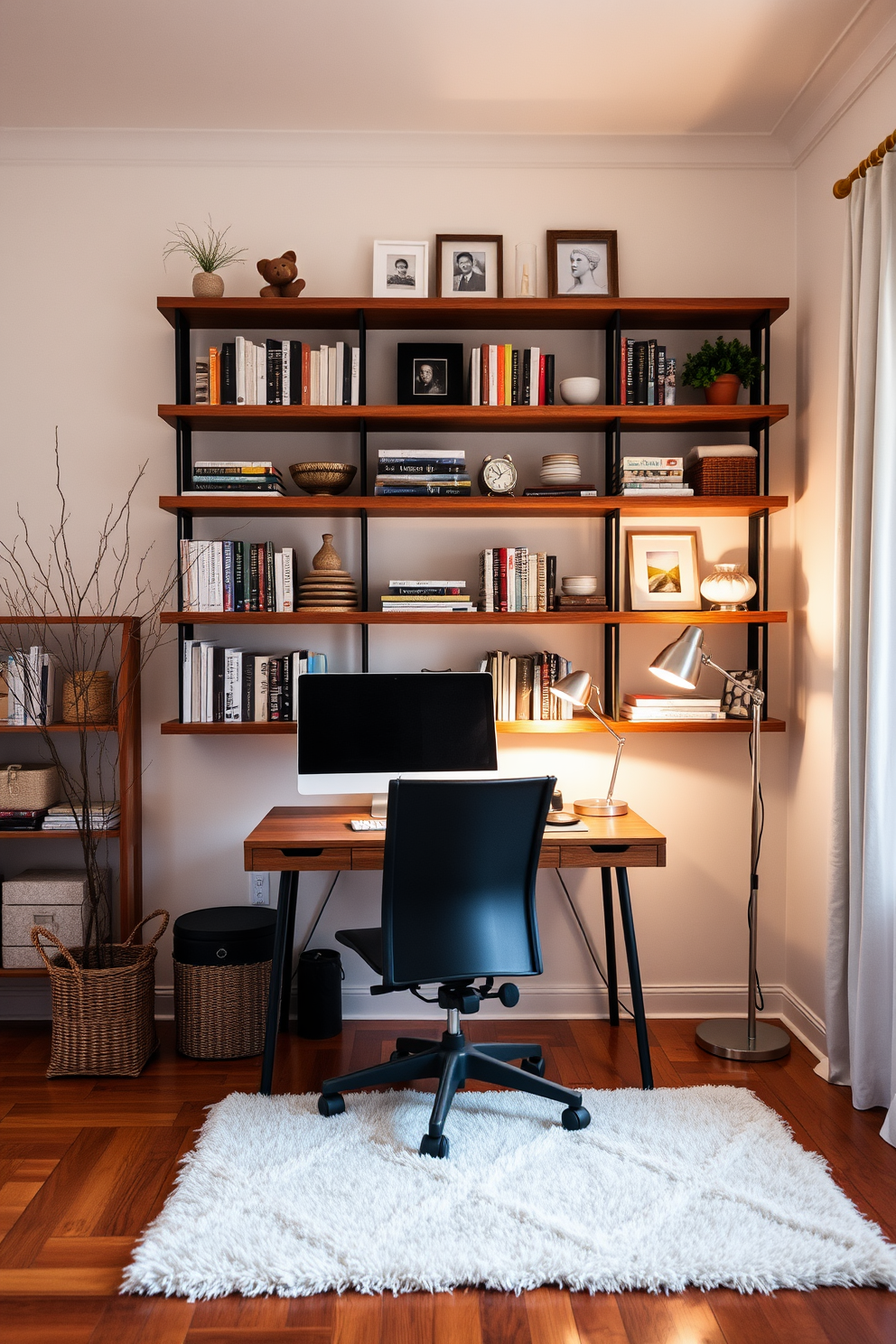 A cozy winter home office featuring a small fireplace nestled in the corner, providing warmth and ambiance. The office is decorated with a wooden desk, a comfortable ergonomic chair, and shelves filled with books and decorative items. Soft, neutral tones dominate the color palette, with a plush area rug underfoot and large windows allowing natural light to flood the space. To enhance the winter theme, a few pinecone accents and a warm throw blanket draped over the chair add a touch of seasonal charm.