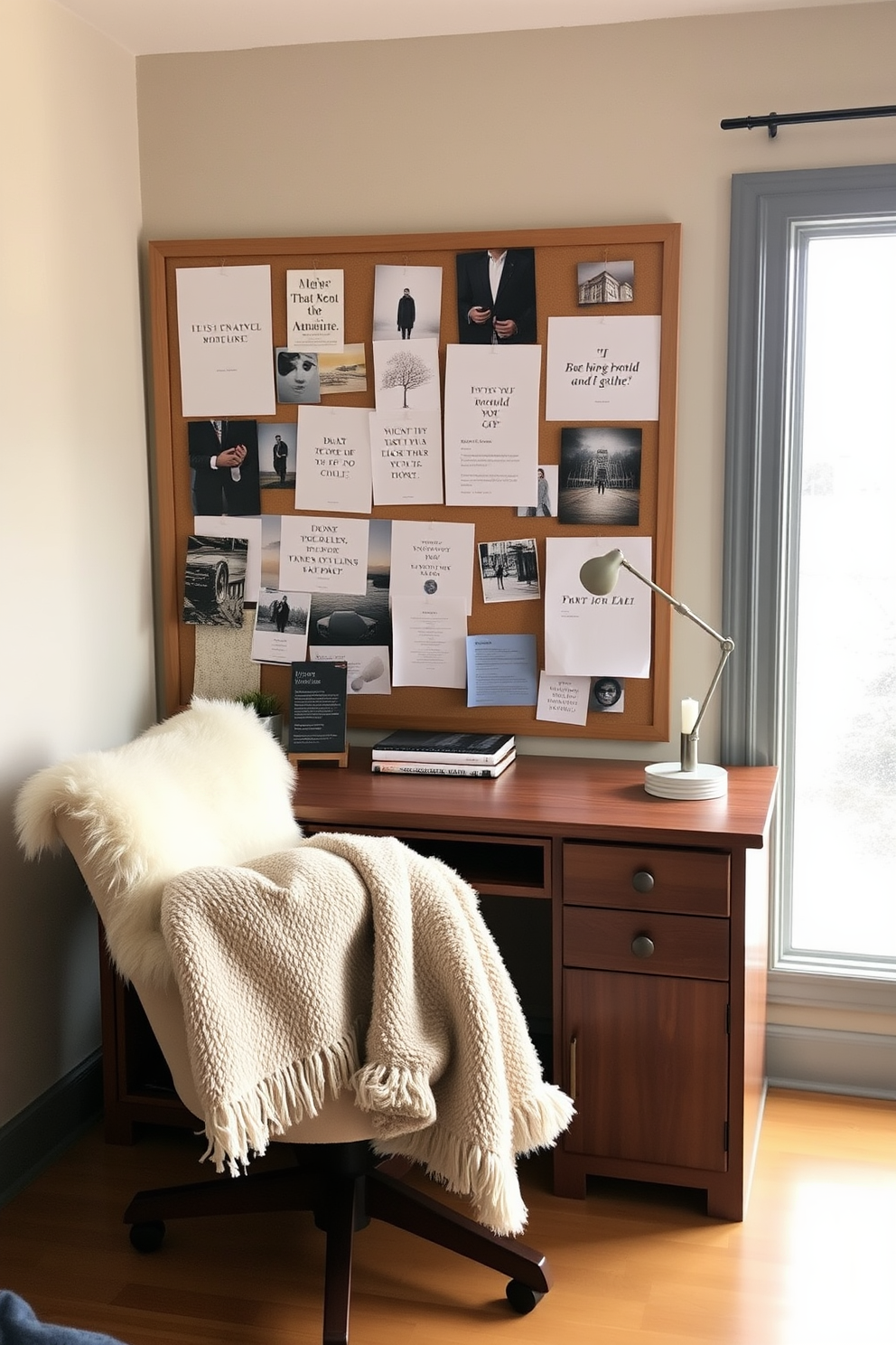 A cozy winter home office featuring a wooden desk adorned with a stack of winter-themed books and magazines. The walls are painted in a soft gray hue, and a plush armchair sits nearby, draped with a warm knitted blanket.