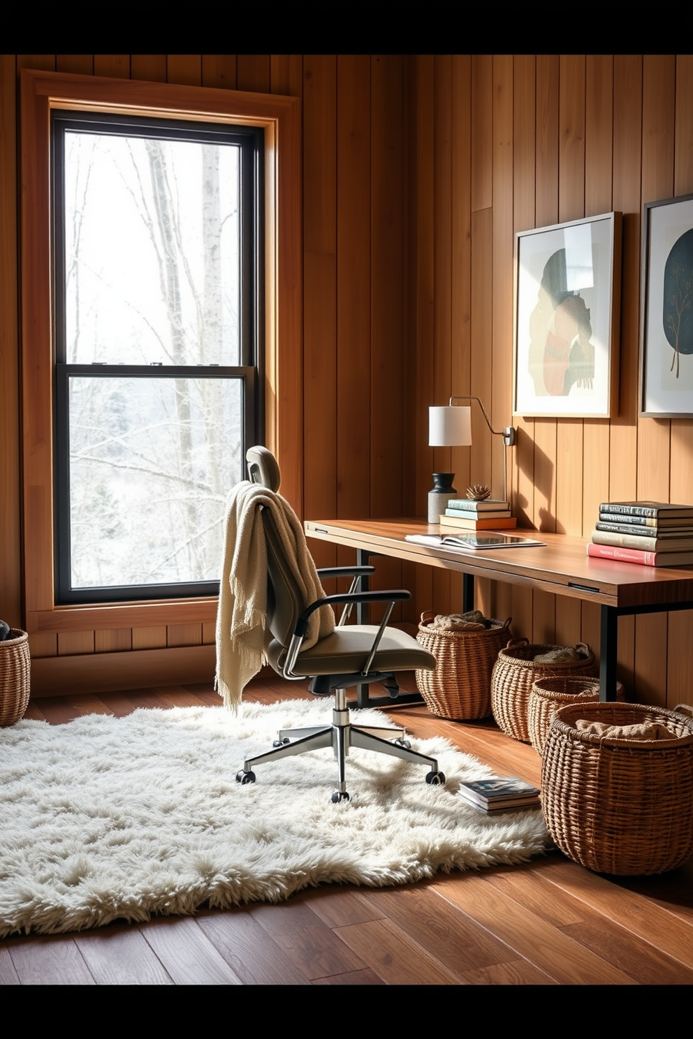 A cozy winter home office that features a large window allowing ample natural light to fill the space. The room is adorned with a plush area rug, a sleek wooden desk, and a comfortable ergonomic chair, creating an inviting atmosphere for productivity. Soft, warm lighting fixtures are strategically placed to enhance the ambiance during the darker months. Decor elements include a mix of greenery, a stylish bookshelf filled with books, and art pieces that inspire creativity and focus.