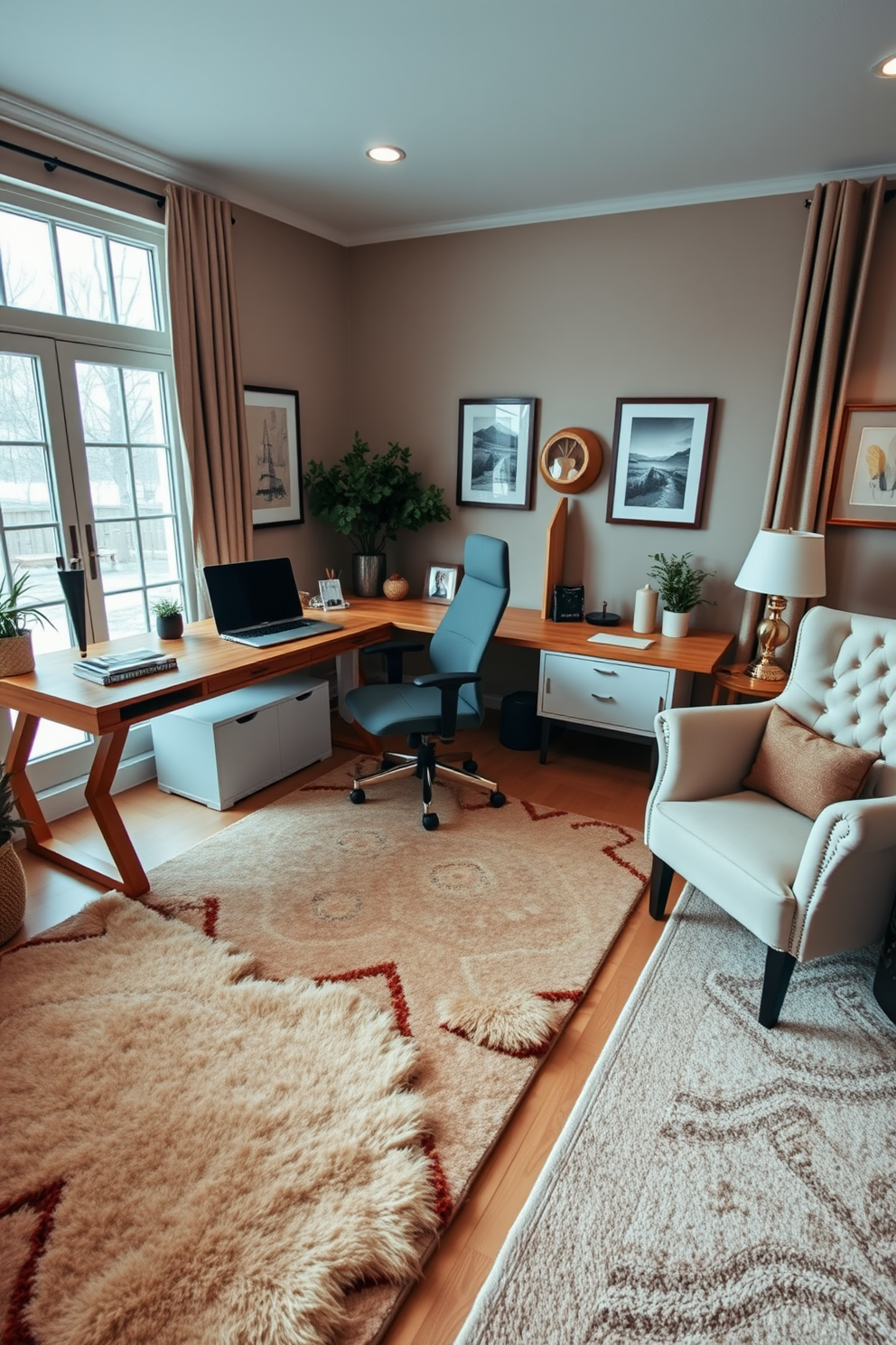 A cozy winter home office features layered rugs in rich textures that provide warmth and comfort underfoot. The design incorporates a large, plush area rug topped with a smaller, patterned accent rug, creating an inviting focal point for the workspace.